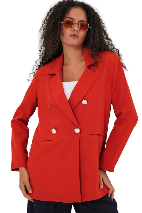 Sacou dama HiCCUP, blazer cu nasturi dubli, caramiziu, textil