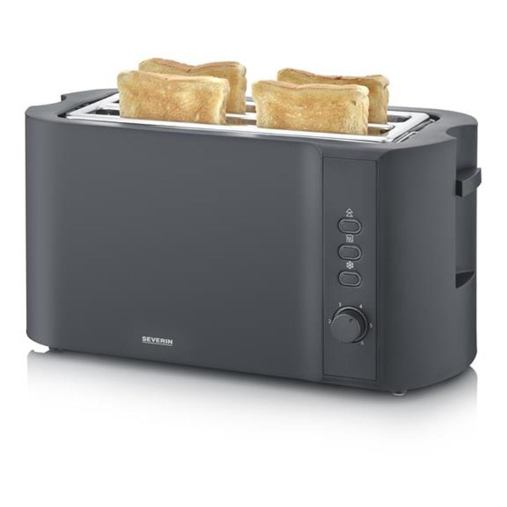 Faza lunga pentru prajitor de paine Severin, 4 felii cu atasament pentru chifle integrat, 2 fante lungi pentru prajire, diferite niveluri de incalzire, 1.400 W, negru mat, AT 2591, negru mat