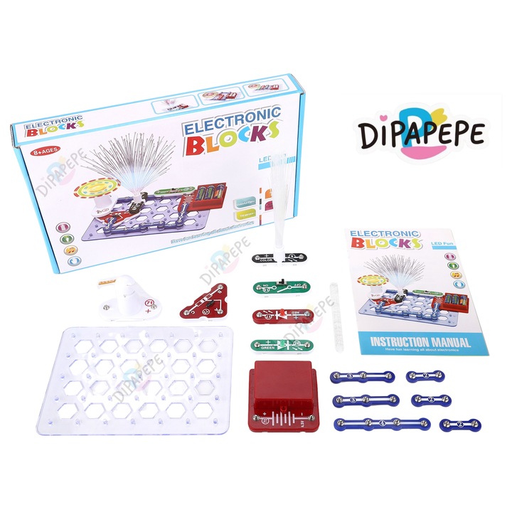 Kit de constructie circuite electronice, DIPAPEPE®, set educativ STEM, piese colorate, 8-12 ani