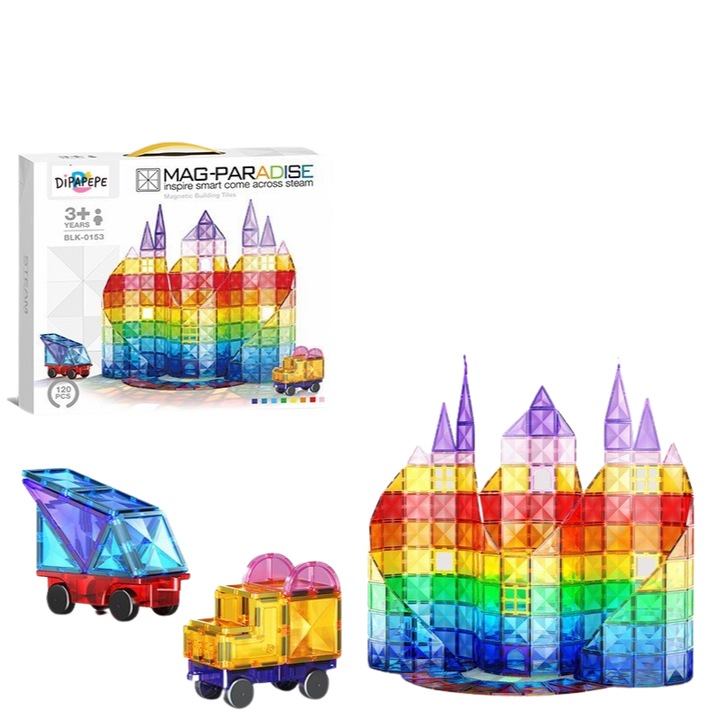 Set de placi magnetice transparente (120 piese), DIPAPEPE®, jucarie STEM pentru copii, placi 2D si 3D pentru invatare prin constructie, blocuri creative educationale, cadou pentru baieti si fete, varste 3+ani