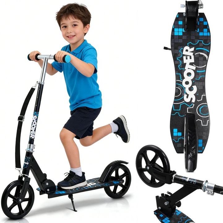 Trotineta pentru copii pliabila, Bedee, inaltime ghidon reglabila, platforma antiderapanta, roti din PU rezistente, rulmenti ABEC-7, Frana spate, Greutate Maxima 100 kg, inaltime 90-100 cm, 5 ani+, Negru