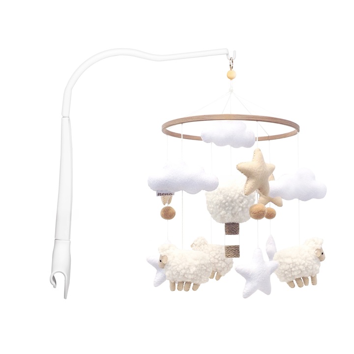 Neno Nelu kiságyforgó, bárányokkal és felhőkkel, könnyű összeszerelés, krémszínű
