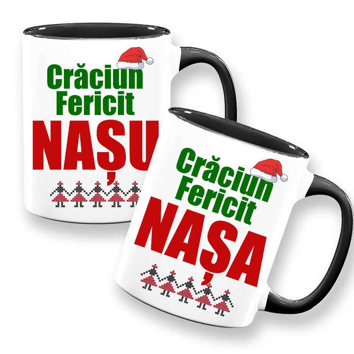 Set 2 cani cu mesaj:"Craciun fericit nasu/nasa", Craciun, Model 1, Betaprint, alba cu interior negru, 330ml