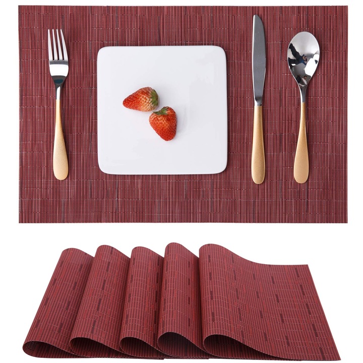 Set de 6 servete din PVC, rezistente la caldura, antiderapante, rosu, 30x45cm