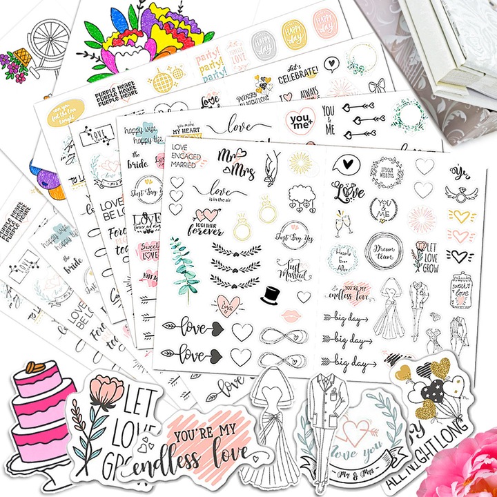 Set autocolante pentru nunta, Pixel, 436 bucati, 9 foi, culori pastelate, format A4