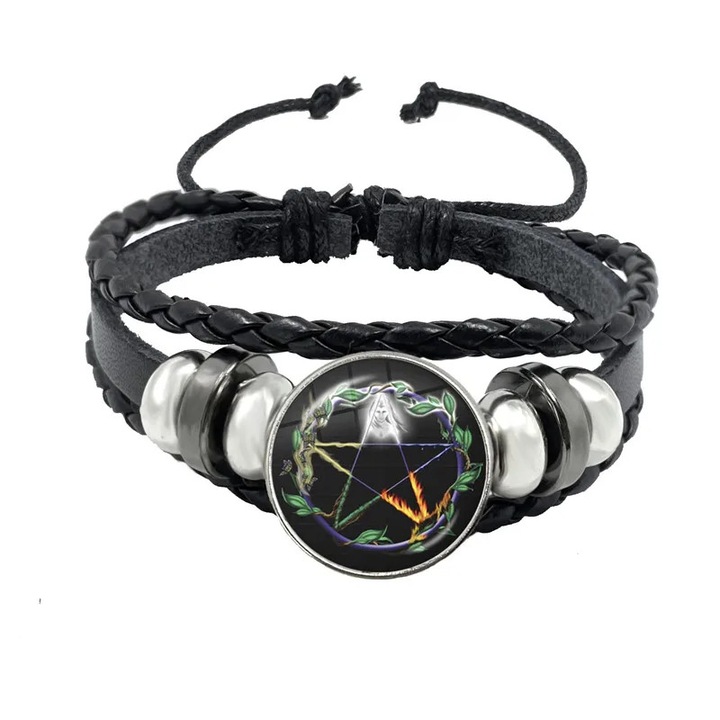 Bratara din piele cu Pentagrama si Lauri, sticla pictata, albastru cu verde, 16+5 cm