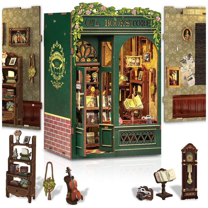 Puzzle 3D, Ksiegarnia Sowa, set DIY cu iluminare LED, 17x11,5x10cm