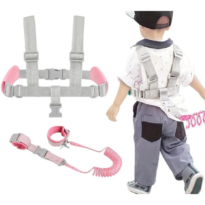 Ham bebe cu bratara de siguranta, Zola, curele reglabile, insertii moi, circumferinta 72 cm, lungime maxima 130 cm, gri/roz