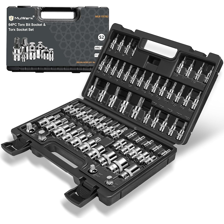 MulWark Set de scule auto pentru mecanici, 64 de piese Master Torx, Set de biti si capete Torx externe cu antrenare de 3/8, 1/4 si 1/2 inchi, adaptor de impact si reducator, Otel S2 si Cr-V