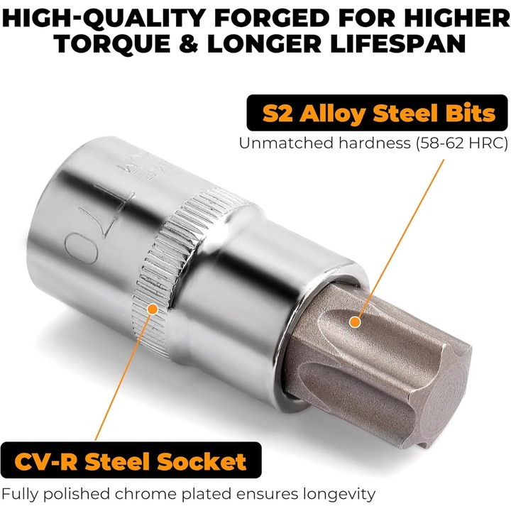 MulWark Set de scule auto pentru mecanici, 64 de piese Master Torx, Set de biti si capete Torx externe cu antrenare de 3/8, 1/4 si 1/2 inchi, adaptor de impact si reducator, Otel S2 si Cr-V