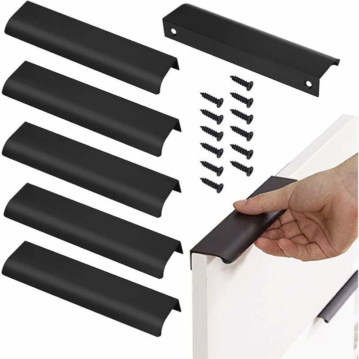 Set 6 manere usa ascunse, aluminiu negru mat, 150x40mm, distanta gauri 128mm