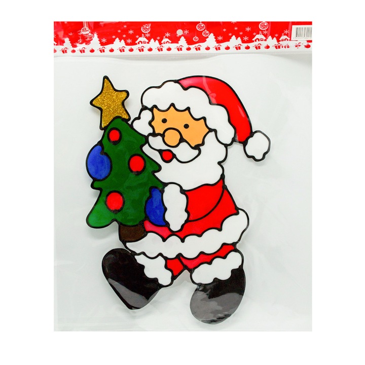 Стикери за многократна употреба Коледа, Дядо Коледа с елха, 36x24 см, бяло/червено/зелено
