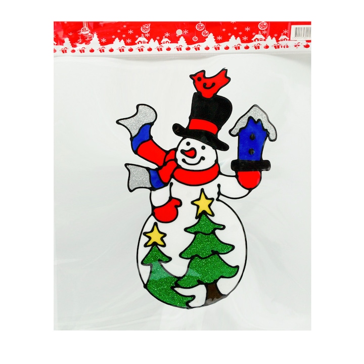 Стикери за многократна употреба Коледа - Снежен човек 36x24 см, бял, червен