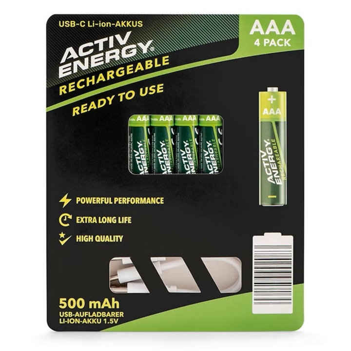 Set 4 acumulatori de inalta performanta reincarcabili lithiu-ion AAA, ACTIV ENERGY 500mah cu mufa incarcare type c