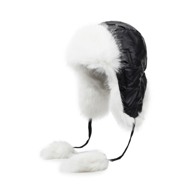 Fleece bélésű téli sapka, fülekkel, műszőrmével, fekete, állítható