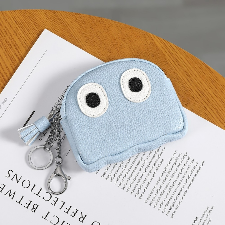 Дамски портфейл, мини портфейл от мека кожа, органайзер за ключове и монети, светлосин