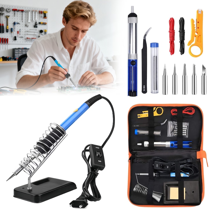 Forrasztópáka készlet, Wacorresi, 60W-os forrasztópáka, 5 db forrasztóheggyel, tartóval, Könnyű tárolást biztosító rendezőtáskával, Állítható hőmérséklet, Fémhez, ékszerhez, elektromossághoz, barkácsoláshoz, Kék