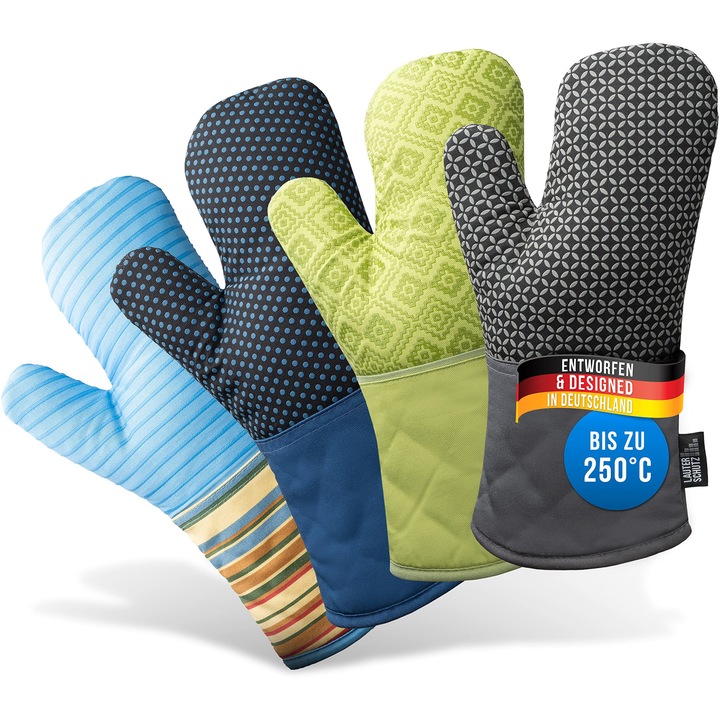 Manusi De Bucatarie Lauterschutz® (Pereche) - Suporturi Pentru Oale Cu Invelis Din Silicon: Rezistente La Caldura Si Extra Lungi - Lavabile Si Din Bumbac Moale [Caldura De Contact: 250°C] Gatit Si Copt (Multicolore/Albastru Deschis)