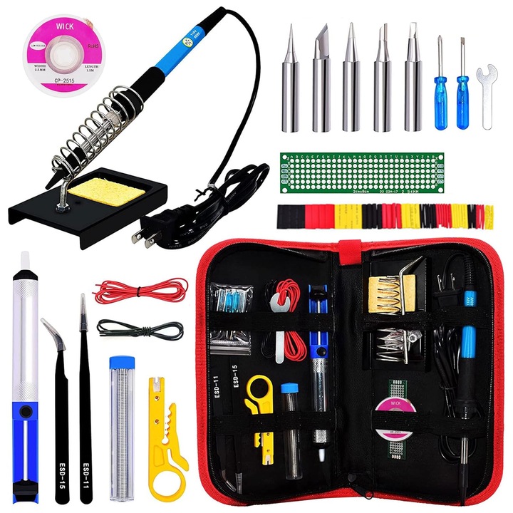 Forrasztópáka készlet, Wacorresi, 60W-os forrasztópáka, 5 darab forrasztóheggyel, tartóval, Könnyű tárolást biztosító rendezőtáskával, Állítható hőmérséklet, Fémhez, ékszerekhez, elektromos munkákhoz, barkácsoláshoz, Többszínű