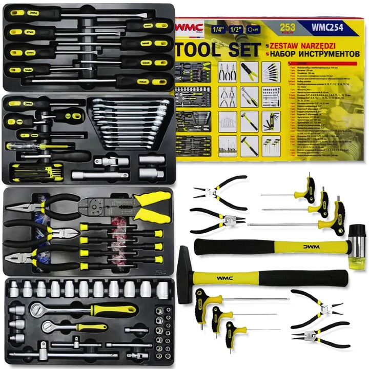 Set 253 unelte WMC, otel crom-vanadiu, negru/galben