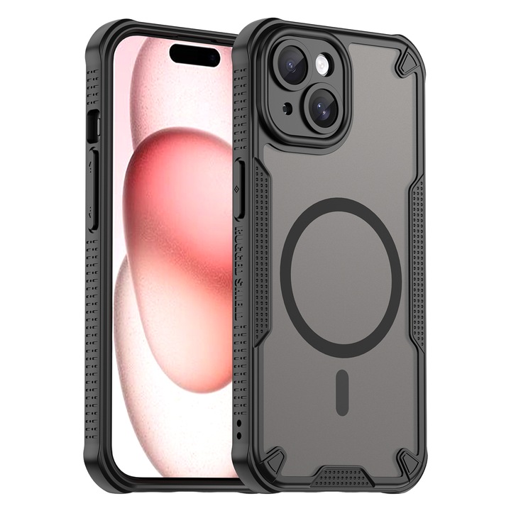 Husa telefon, pentru iPhone 15 Armura de magnetic confortabil ulei impermeabil TPU + PC moale Semi-translucentmatte simt, Negru, Transparent