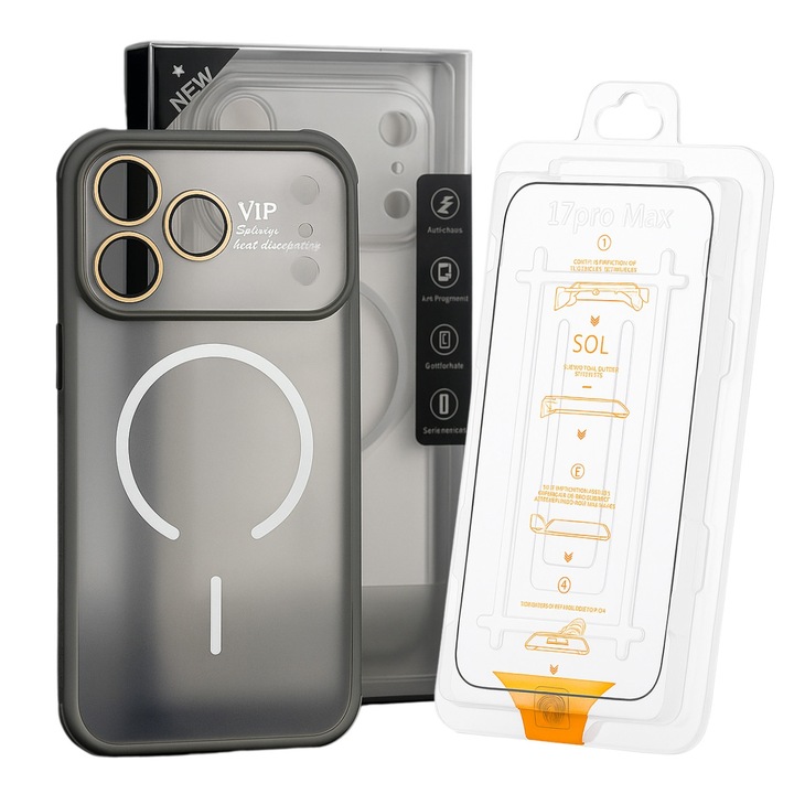 Set Husa Premium MagSafe pentru iPhone 17 Pro Max + Folie Sticla protectie 9H, Protectie 360, Anti-Soc, Vip extreme heat dissipation, Gri