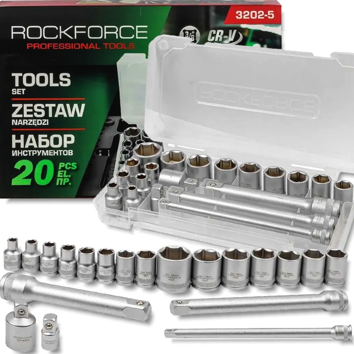 Set 20 unelte, ROCKFORCE, 3/8", cu adapteri si prelungiri, argintiu