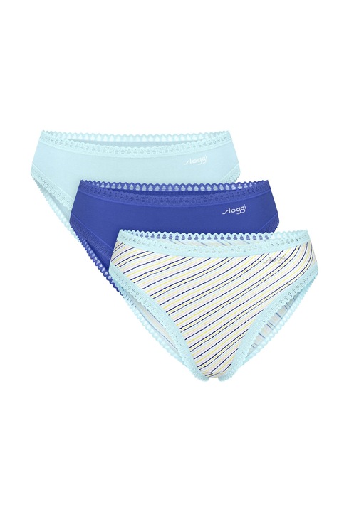 Sloggi, Set de chiloti uni si cu model - 3 perechi, Alb/Albastru deschis