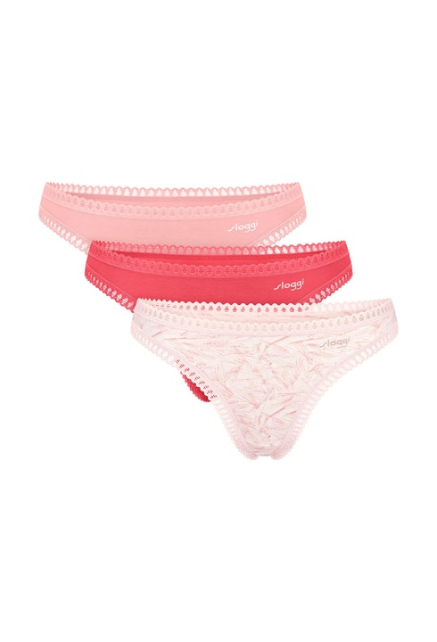 Sloggi, Set de chiloti tanga din amestec de bumbac organic - 3 perechi, Alb/Roz
