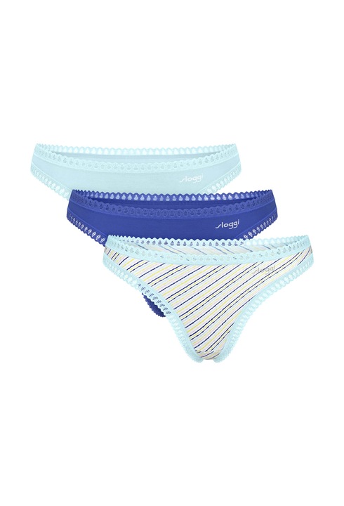 Sloggi, Set de chiloti tanga din amestec de bumbac organic - 3 perechi, Alb/Albastru