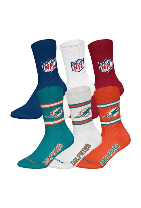 NFL, Set de sosete lungi unisex - 6 perechi, Rosu inchis/Portocaliu mandarina/Verde persan