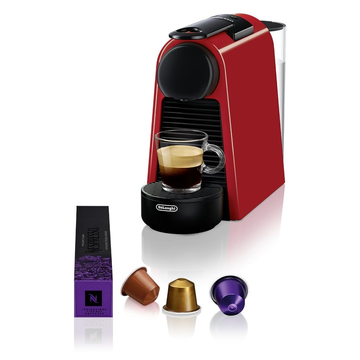 Espressor automat Nespresso Essenza Mini, set cu 7 capsule, 19 bar, 0.6L, roșu