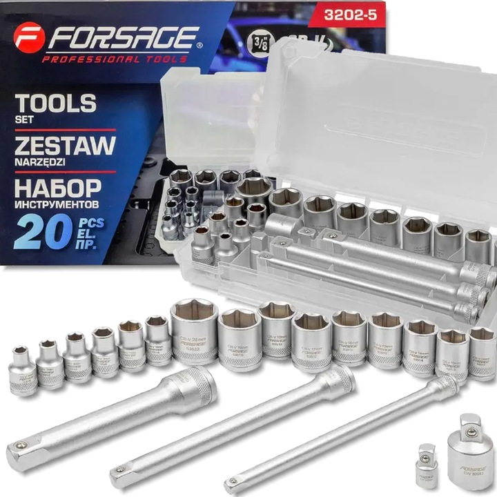 Set unelte FORSAGE 20 elemente, Cr-V, cu adapteri si prelungiri, 3/8"