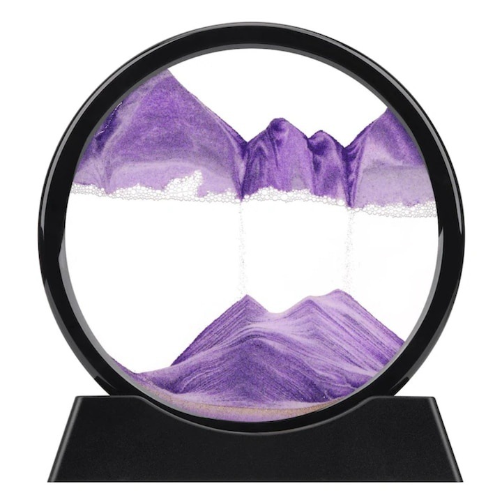 3D mozgó homok asztali dekoráció, homokóra típusú, műanyag és üveg, 18 x 9 cm, lila – relaxáló vizuális hatás és modern design