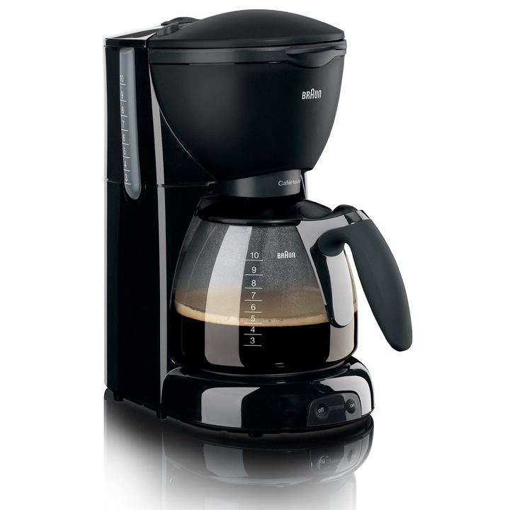 Cafetiera Braun Cafehouse Puraroma Plus, 1100 W, negru, carafa de sticla, 10 cești