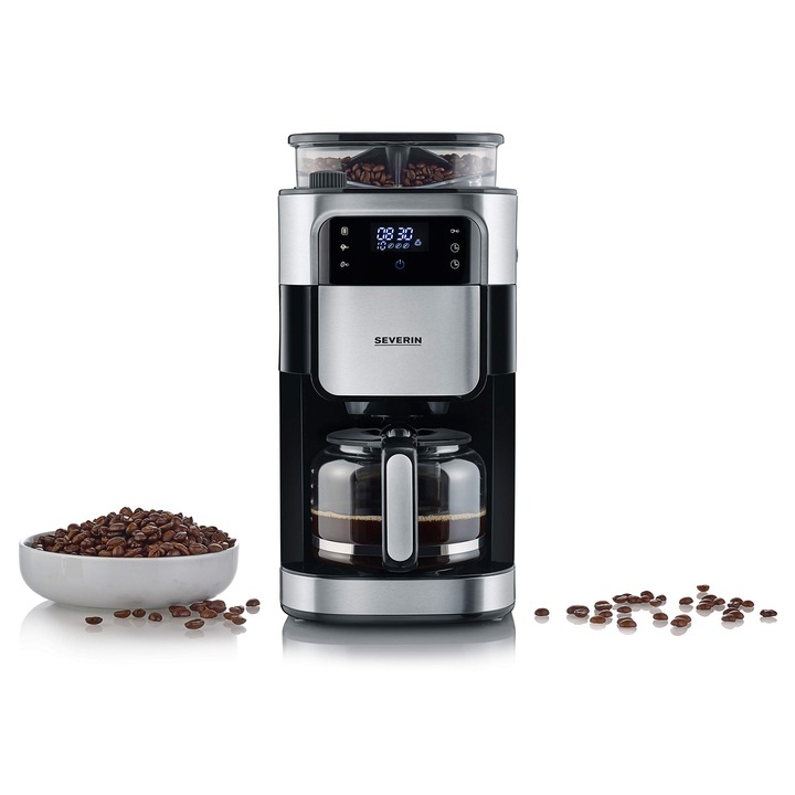 Espressor Severin cu râșniță, 1000 W, carafă de sticlă, negru/otel inoxidabil, capacitate 10 cești