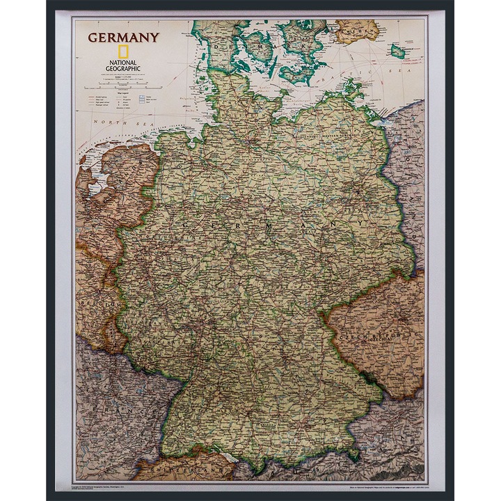 Harta de perete politica Germania, National Geographic, 1:1 375 000, cu rama din aluminiu, cu suport pentru marcaje