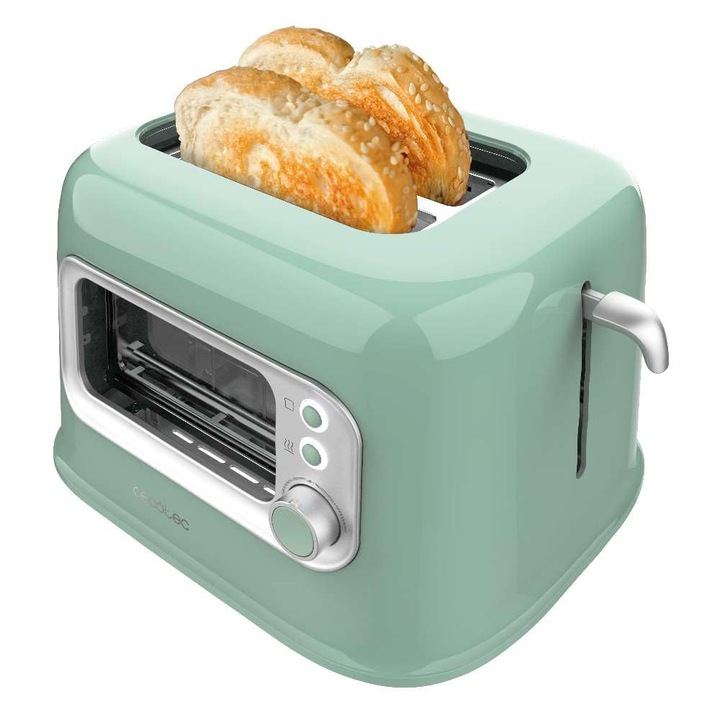Toaster vertical Cecotec RetroVision Green, putere 700W, 2 fante extra-largi, design unic de afisare, control al rumenirii, design retro, husa de praf