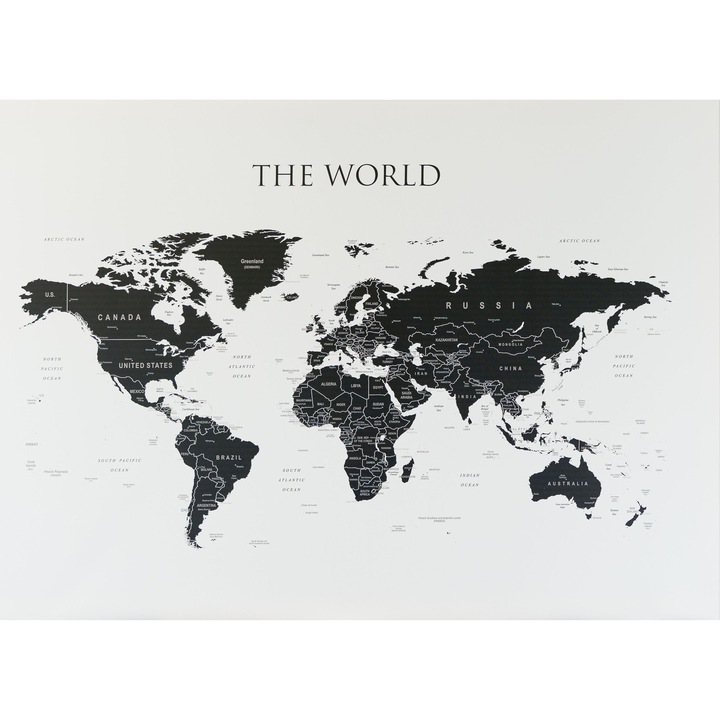 Harta de perete Canvas The World, ArtGlob, politica, alb-negru, 70x100cm