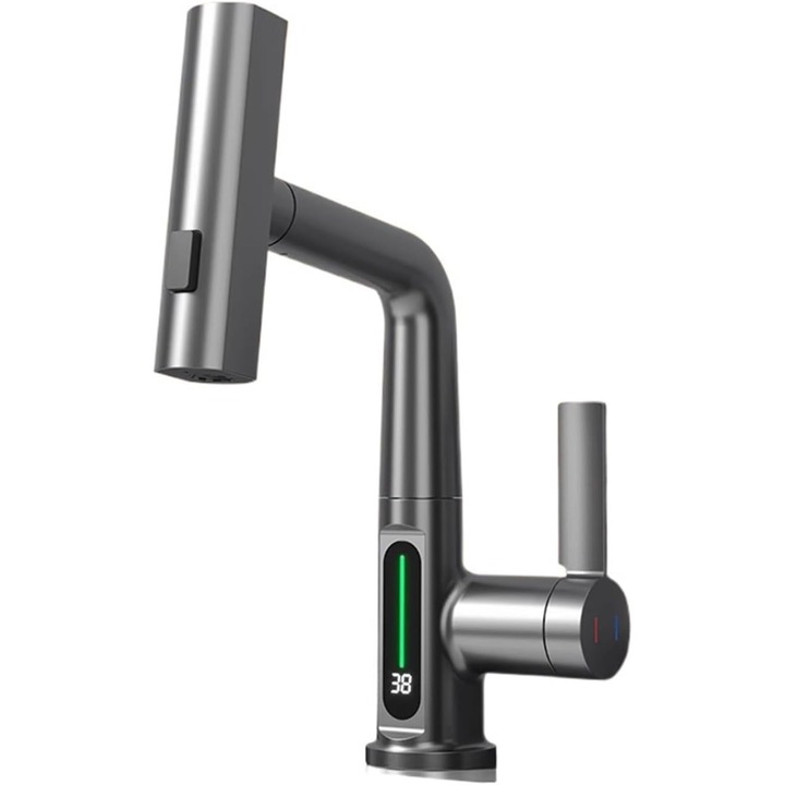 Baterie baie / bucatarie BRIVOO AquaSpa, dus extractibil, Display LED temperatura, 3 moduri curgere apa, corp metalic, Gri – Aqua666