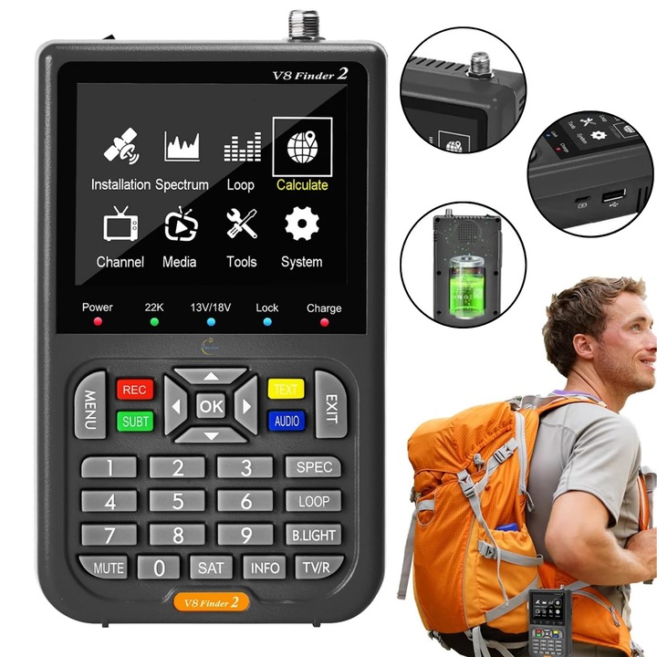 Преносимо устройство за откриване и настройка на сателитен сигнал V8 Finder2, Amurana, 3.5-инчов LCD екран, 4000 mAh батерия, поддръжка на DVB-S/S2/S2X, анализ на спектъра, H.264 декодер, мултимедийни функции и HDMI/AV свързаност, черен
