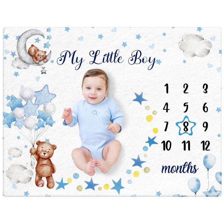 Patura Milestone bebelusi, Esther Beauty®, Fin si Pufos din Flanel, aniversara pentru imortalizarea dezvoltarii si cresterii bebelusului, 130x100 cm, Albastru