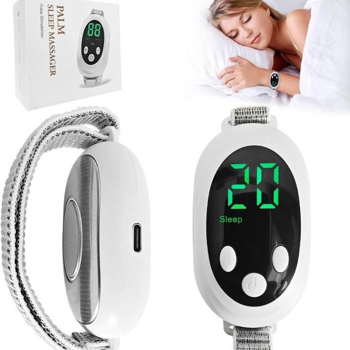 Dispozitiv inteligent de stimulare a somnului, pentru adulti, aparat portabil de mana, micro-curent, anti insomnie, ajutor pentru dormit, ameliorarea anxietatii, stimularea pulsului, incarcare USB, alb