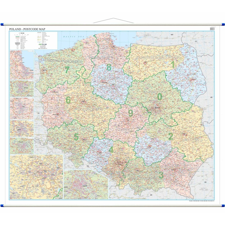 Harta de perete Polonia cu coduri postale 1:700 000, ArtGlob, laminata, cu planuri de orase, 100x70cm