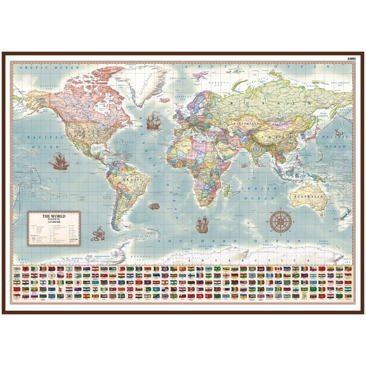 Harta de perete politica, Artglob, 1:42 000 000, cu steaguri, colorata