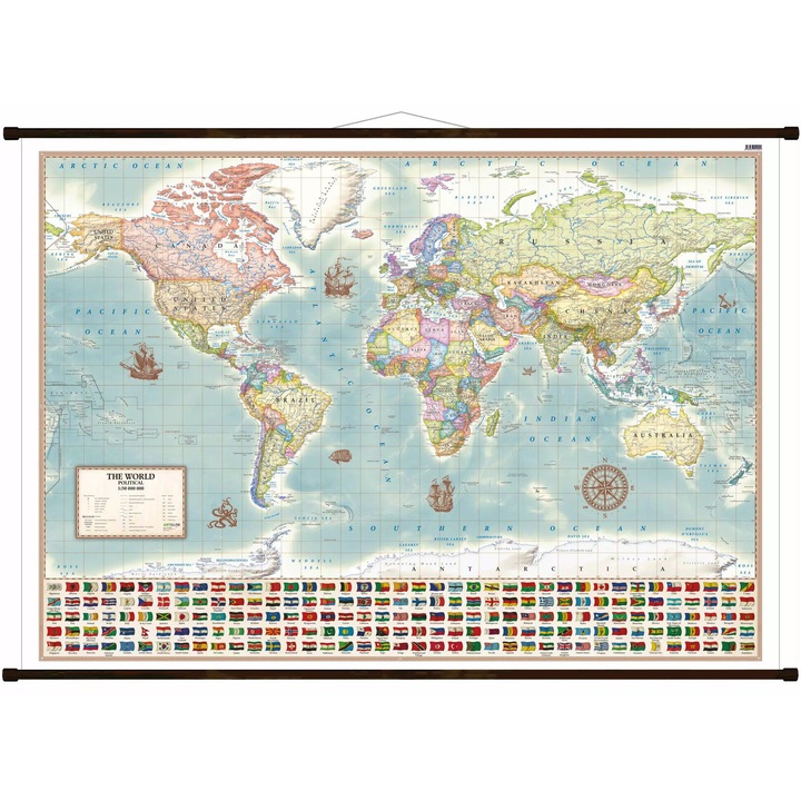 Harta de perete politica, ArtGlob, 1:30 000 000, cu steaguri, colorata