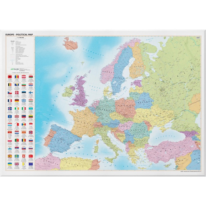 Harta politica a Europei pe panza, ArtGlob, 1:6 500 000, cu informatii despre capitale, dimensiuni, populatie, multicolor