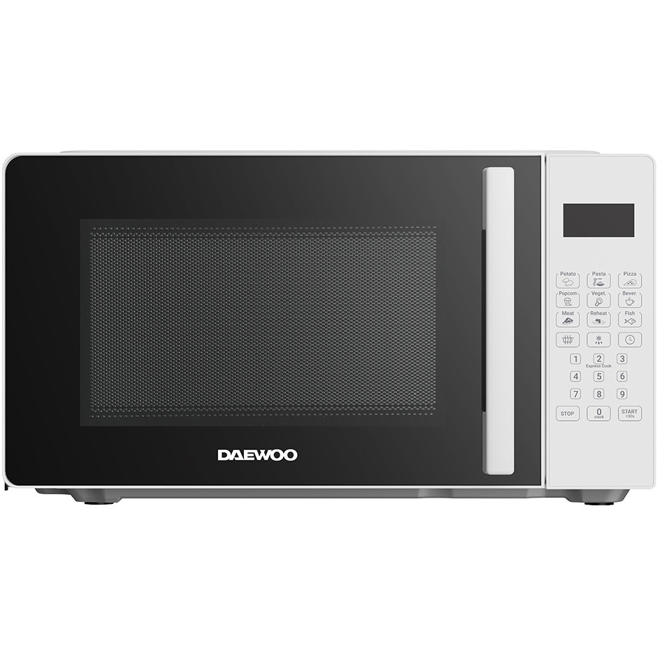 Cuptor cu microunde Daewoo, control digital, 20 litri, putere 700 W, 5 niveluri de putere, farfurie interioara de 24,5 cm, Alb