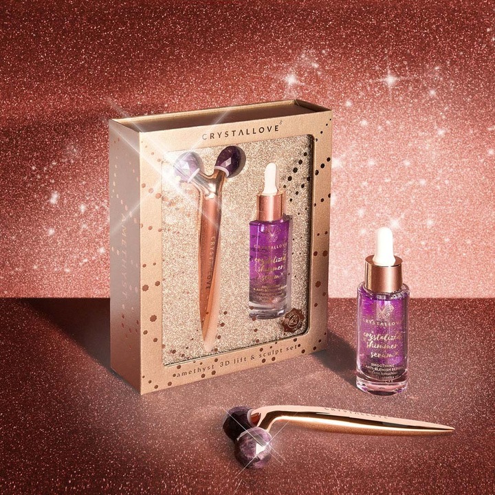 Комплект за скулптуриране и лифтинг Amethyst 3D, CRYSTALLOVE, от аметист и серум за лице, 30мл, подаръчна опаковка
