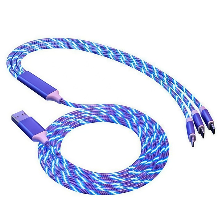 Cablu de incarcare 3 in 1, multifunctional, durabil, albastru, 115 cm